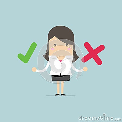 Businesswoman with right and wrong signs. Vector Illustration