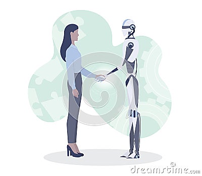 Businesswoman and robot shaking hands. Robot character help Vector Illustration