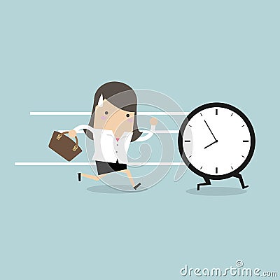 Businesswoman run follow the clock. Vector Illustration