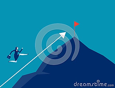 Businesswoman run to the top of the mountain following the direction of the arrow Vector Illustration