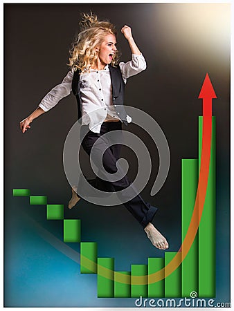 Businesswoman runing up a stairway and growing sales chart Stock Photo
