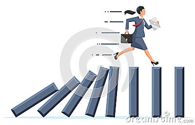 Businesswoman running away from falling domino. Vector Illustration