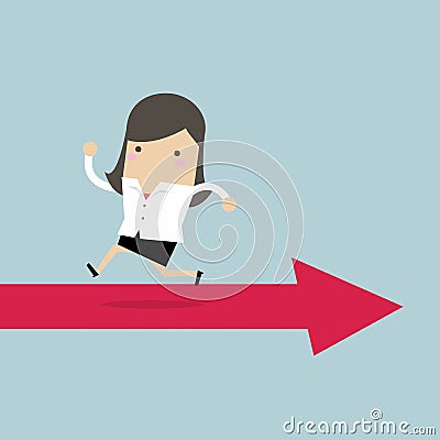 Businesswoman running opposite arrow way. Vector Illustration