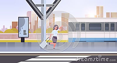 Businesswoman running to catch train business woman with luggage on railway station city public transport female cartoon Vector Illustration