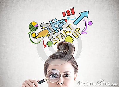 Magnifying glass woman, start up Stock Photo