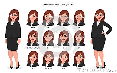 Businesswoman`s lip sync, animated phonemes collection for animation. Set of various mouth animation for female cartoon character Vector Illustration