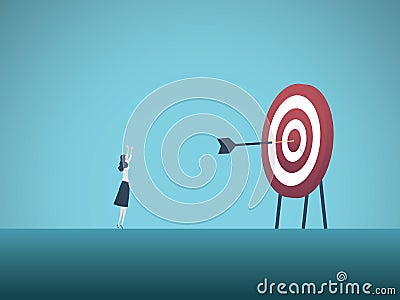 Businesswoman scoring bullseye with dart vector concept. Symbol of success, victory, achievement of goals and objectives Vector Illustration