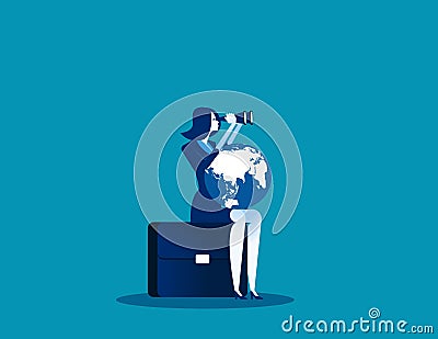 Businesswoman search for success. Concept business success vector illustration. Looking through binoculars, with the world on lap. Vector Illustration