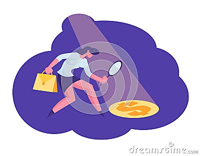 Businesswoman Searching for Source of Profit and Money Wealth Looking through Magnifier Glass on Dollar sign in Light Vector Illustration