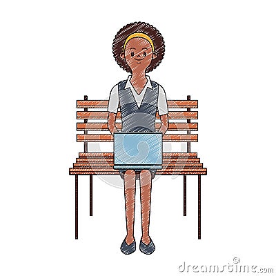 Businesswoman seated on chair using laptop scribble Vector Illustration