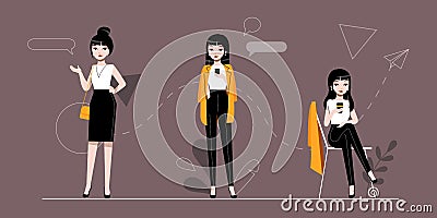 Businesswoman And Self Employment Concept.Self Confident Businesswoman Character In Different Poses On The Abstract Vector Illustration