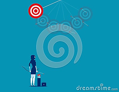 Businesswoman shooting arrows missing target. Concept business v Vector Illustration