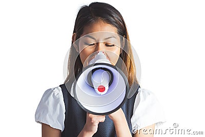 Businesswoman shooting through a megaphone Stock Photo