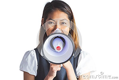 Businesswoman shooting through a megaphone Stock Photo
