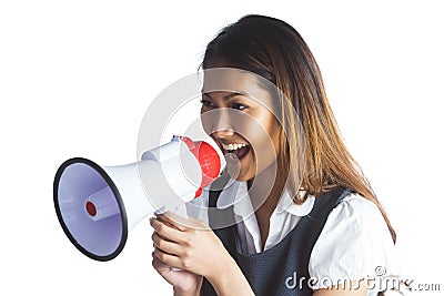 Businesswoman shooting through a megaphone Stock Photo