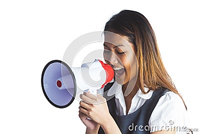 Businesswoman shooting through a megaphone Stock Photo