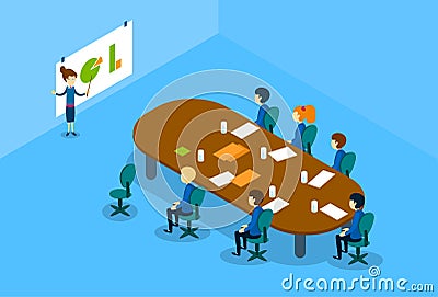 Businesswoman Show Graph Business People Group Conference Meeting Isometric Vector Illustration