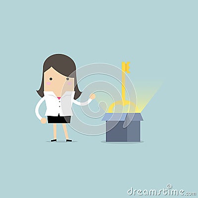 Businesswoman show the secret key to success that is in the cardboard box. Vector Illustration