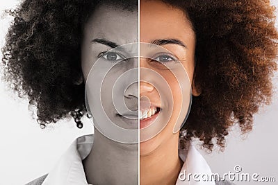 Businesswoman Showing Sad And Happy Emotions Stock Photo