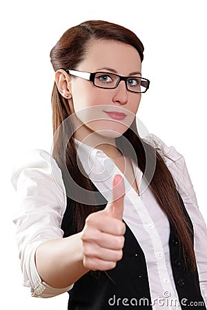 Businesswoman showing thumbs up on white backgroun Stock Photo