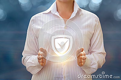 A businesswoman shows installed protection . Stock Photo