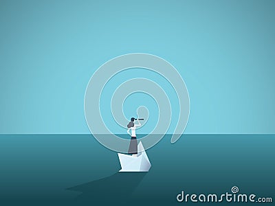 Businesswoman on a sinking ship, paper boat. Symbol of bankruptcy, failure but also new beginning, overcoming challenge. Vector Illustration