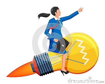Businesswoman sits on flying rocket light bulb. Vector Illustration