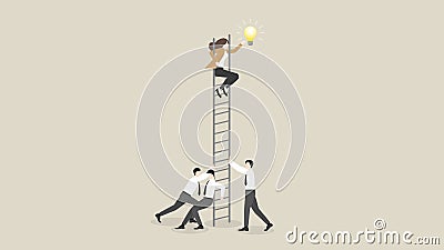 A businesswoman sits on a ladder and grabs a light bulb with a support team Vector Illustration