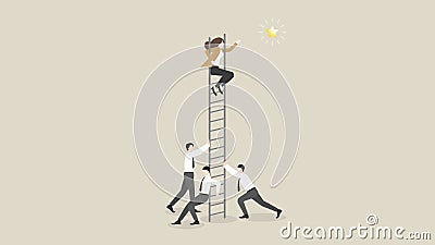 A businesswoman sits on a ladder and grabs a star with a support team Vector Illustration