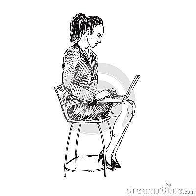 Businesswoman sitting on chair and working with laptop, hand drawn doodle, sketch in pop art style, black and white vector Vector Illustration