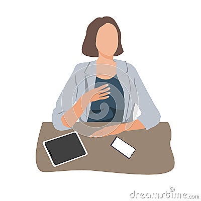 Businesswoman sitting at desk in office and speaking. Vector flat illustration isolated on white Vector Illustration