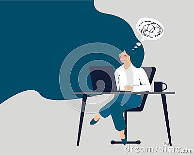 Businesswoman sitting behind her office and feeling stress and depression in the office. Mental health disorders Vector Illustration