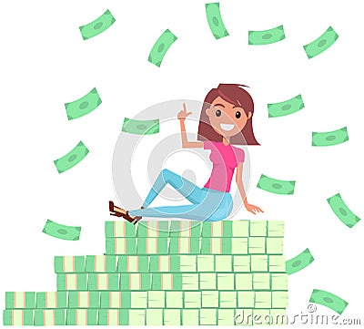 Rich businesswoman enjoying success on top of stack of banknotes surrounded by money bills Vector Illustration