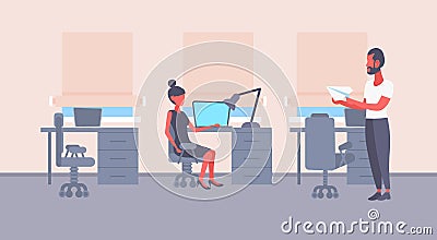Businesswoman sitting workplace businessman holding paper plane man woman couple working together planning future Vector Illustration