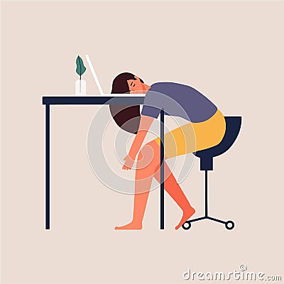 Businesswoman sleeping on laptop and tired working from home cartoon hand drawn style flat vector design human character Vector Illustration