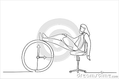 businesswoman sleeping lay down on office chair and alarm clock covered his face with book. Afternoon slump, laziness Vector Illustration