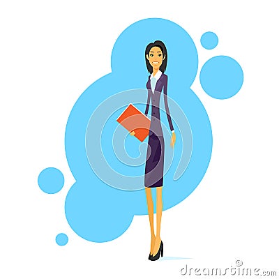 Businesswoman Smile, Standing Hold Folder Full Vector Illustration