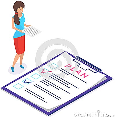 Businesswoman smiles and stands with documents in her hands works with plan with check marks Vector Illustration