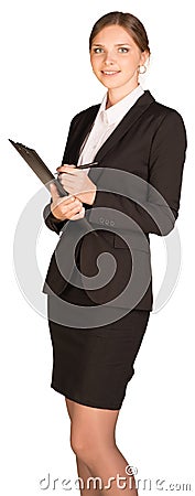 Businesswoman stand holding paper holder Stock Photo