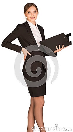 Businesswoman stand holding paper holder Stock Photo