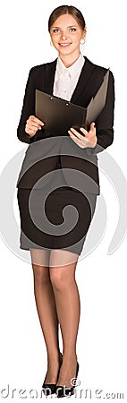 Businesswoman stand holding paper holder Stock Photo