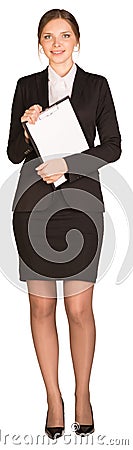 Businesswoman stand holding paper holder Stock Photo