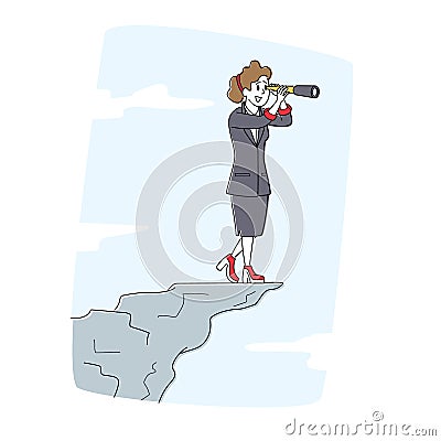 Businesswoman Stand on Mountain Top Watching Far to Spyglass. Business Vision, Recruitment Employee, Visionary Forecast Vector Illustration