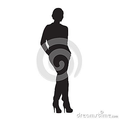 Businesswoman standing with hands in pockets, isolated vector silhouette Vector Illustration