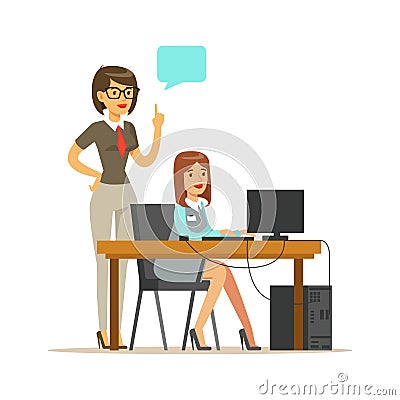 Businesswoman standing at her subordinate and making notes, office at background. Colorful cartoon character vector Vector Illustration