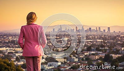 Businesswoman standing on rooftop, watching city life at sunset generated by AI Stock Photo