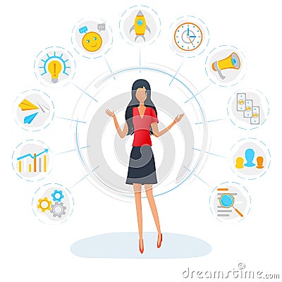 Businesswoman is standing surrounded by office task icons. Business multitasking concept. Project and time management, productivit Vector Illustration