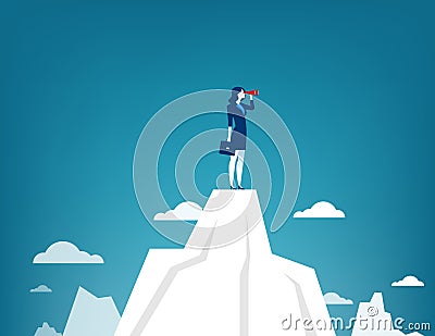 Businesswoman standing on top of the mountain using telescope Vector Illustration