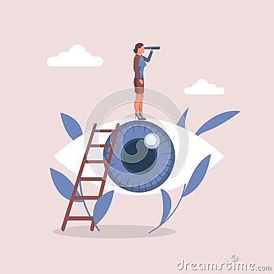 Businesswoman stands at the top and looks at telescope. Vector Illustration