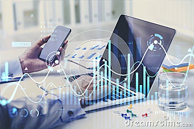 Businesswoman or stock trader analyzing stock graph chart by fibonacci indicator Stock Photo